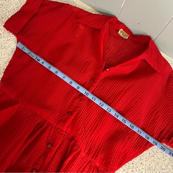 Vintage 1940s Gail Whitney Button Up Midi Dress Sheer Textured Cherry Red - Picture 7 of 10